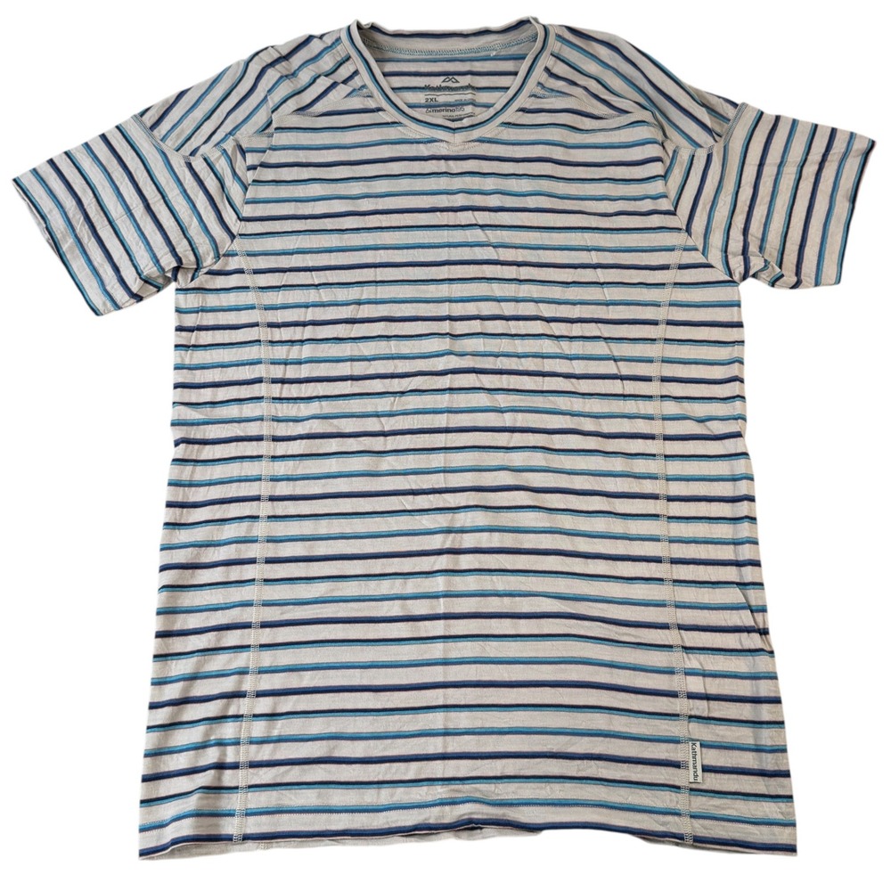 Kathmandu 2XL Merino 195 100% Wool Striped Short Sleeve T-Shirt Gray Blue Hiking